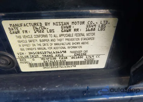 2006 Nissan Sentra 1.8S z USA, uszkodzony, nr VIN 3N1CB51D76L616198